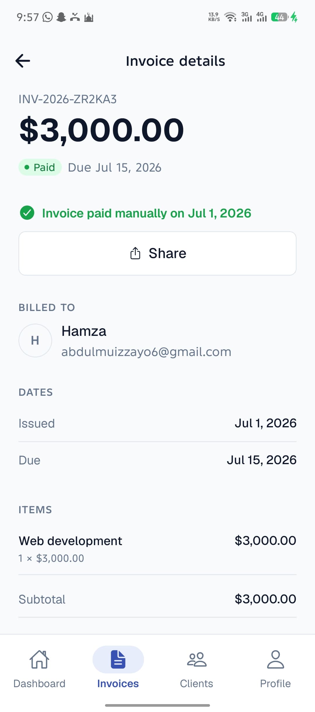 Flewa paid invoice