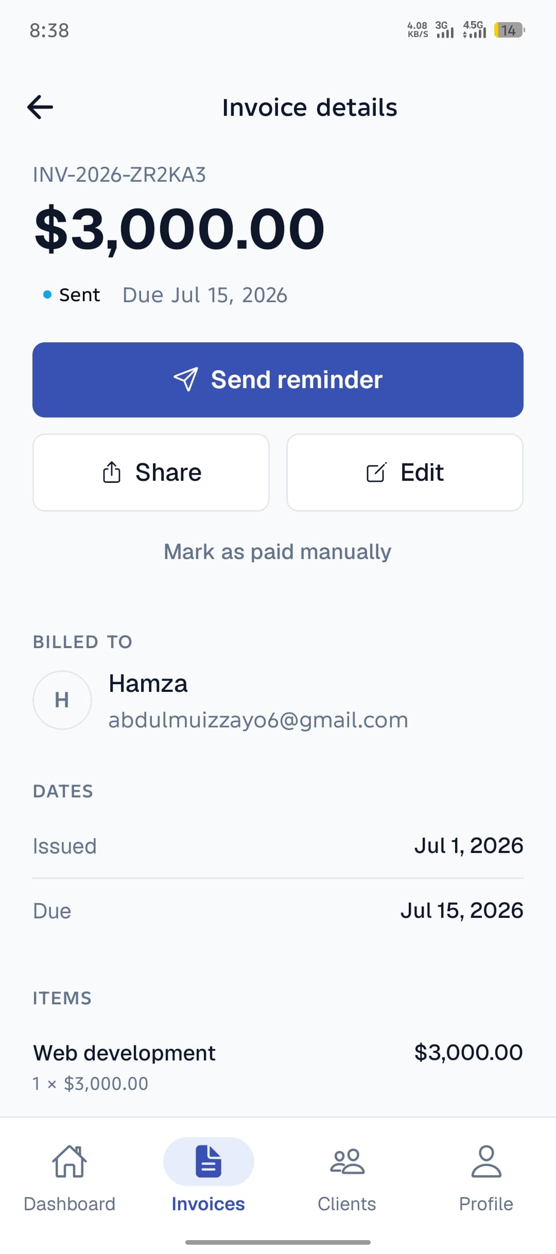 Flewa sent invoice
