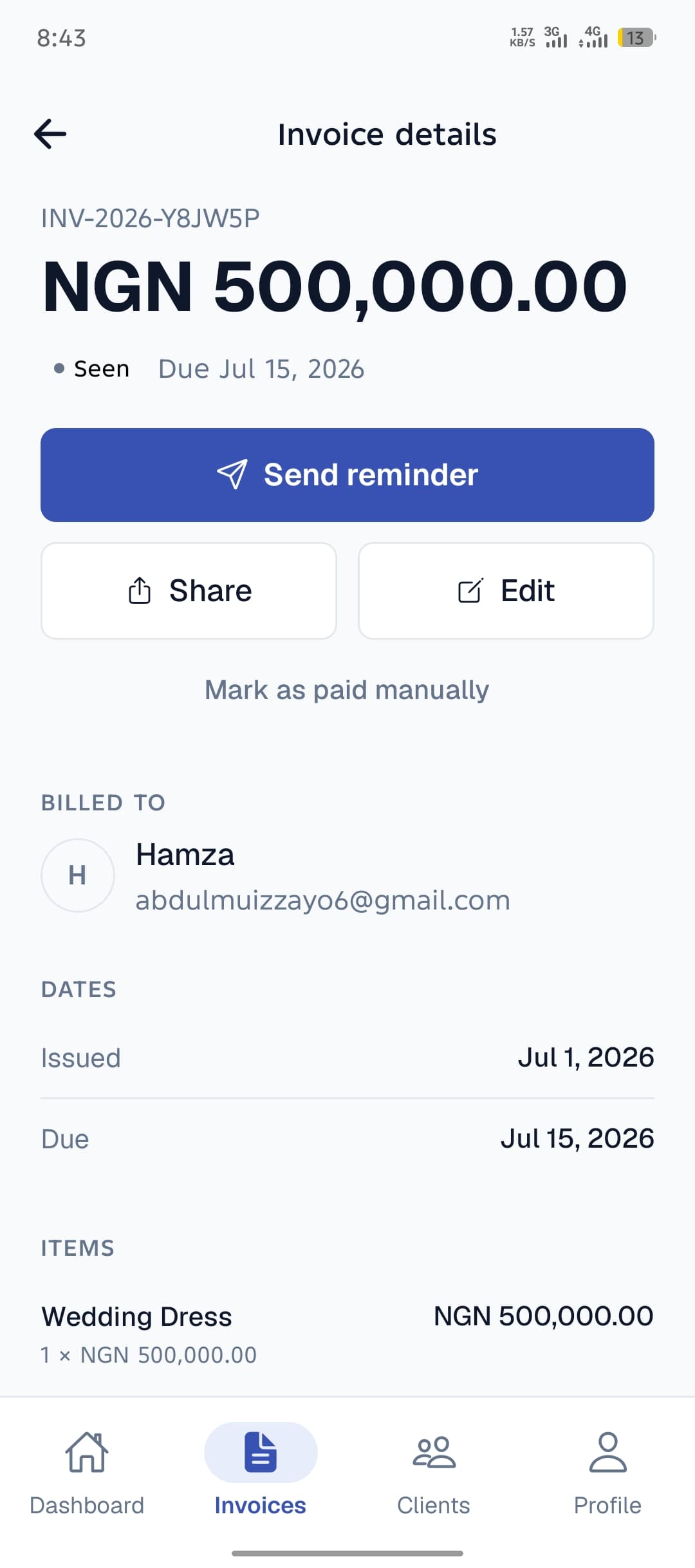 Invoice with payment link ready to share