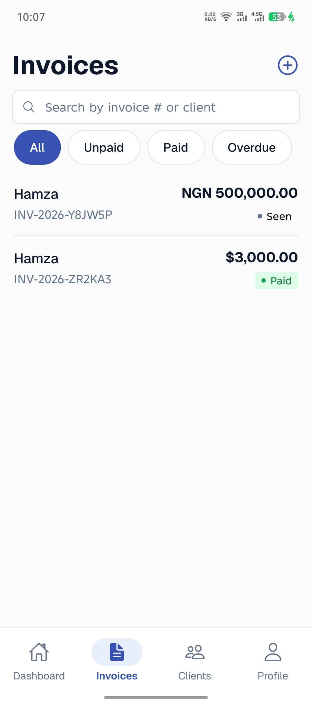 Invoice list showing viewed status